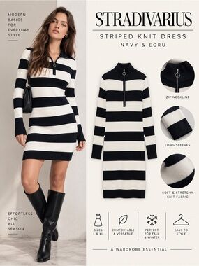 STRADIVARIUS Navy Ecru Striped Knit Zip Mini Dress L XL NWT 7532/235